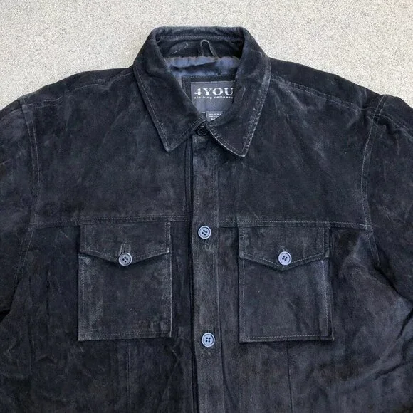 VTG 4 YOU CLOTHING Leather Suede Jacket Men's LG Black Button Down Long Sleeve‌